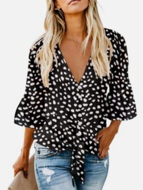 Kancystore Womens XL Button Down V Neck Tie Knot Front Tops 3/4, Black White